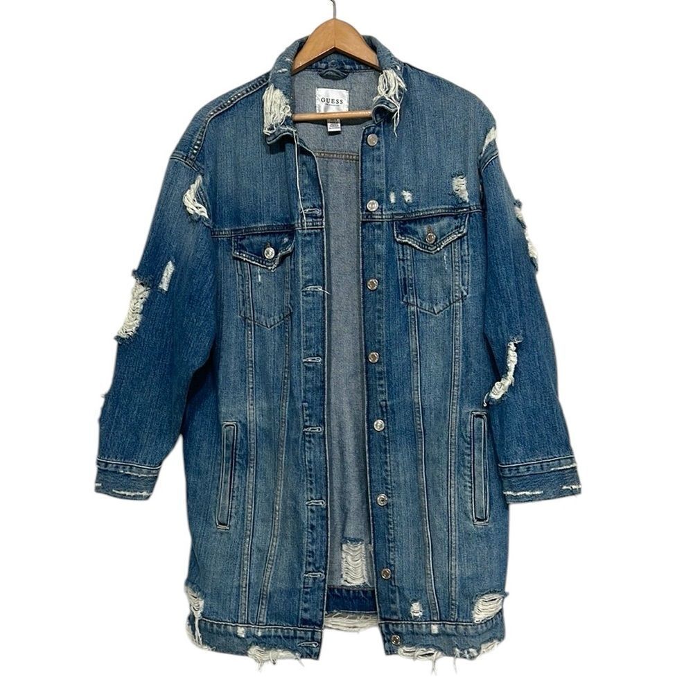 Guess Jean Jacket Woman’s XS/S Oversized Denim Distressed Paul Marciano READ - Picture 1 of 11